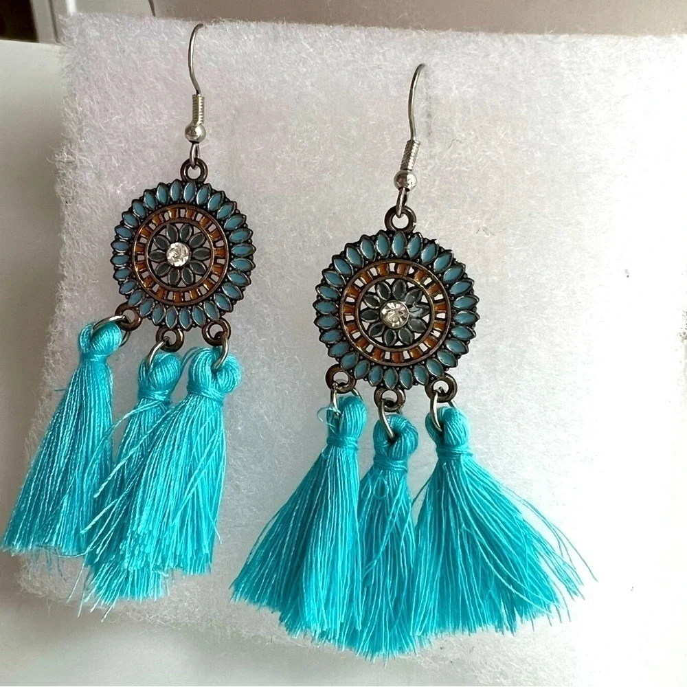 Blue Tassel Boho Flower Rarrings